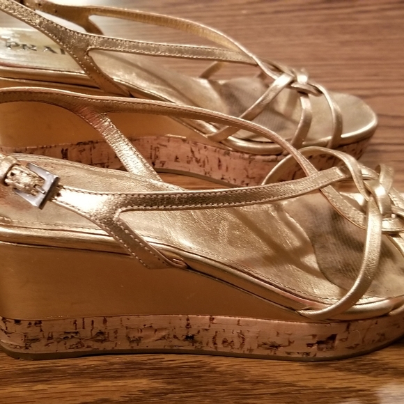 Prada Gold Leather Slingback Platform Wedge - Picture 2 of 4